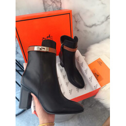 Replica Hermes Black Pointed Palladium Buckle Block Heel Boot