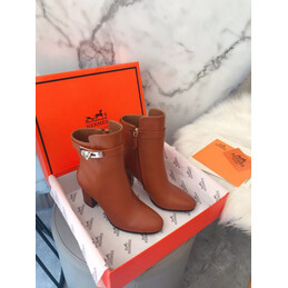 Replica Hermes Brown Pointed Block Heel Palladium Buckle Boot
