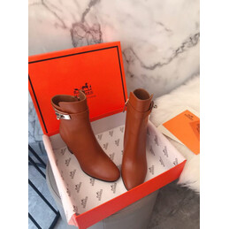 Replica Hermes Brown Pointed Block Heel Palladium Buckle Boot