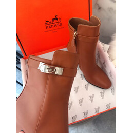 Replica Hermes Brown Pointed Block Heel Palladium Buckle Boot