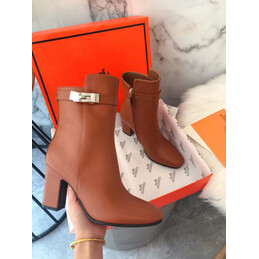 Replica Hermes Brown Pointed Block Heel Palladium Buckle Boot