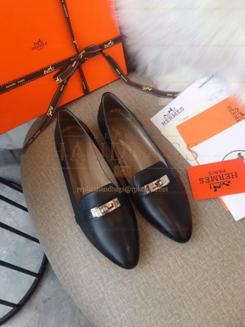 Replica Hermes Black Classic Gold H Buckle Loafer