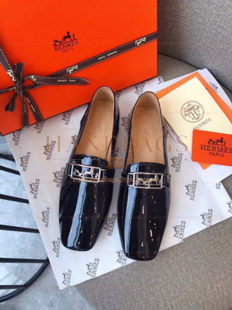 Replica Hermes Black Patent Palladium H Buckle Loafer
