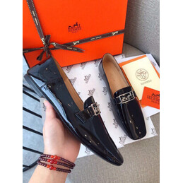 Replica Hermes Black Patent Palladium H Buckle Loafer