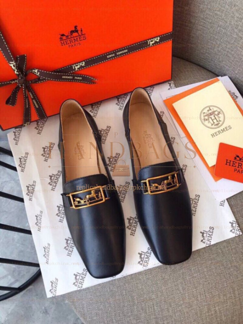 Replica Hermes Black Patent Gold H Buckle Loafer