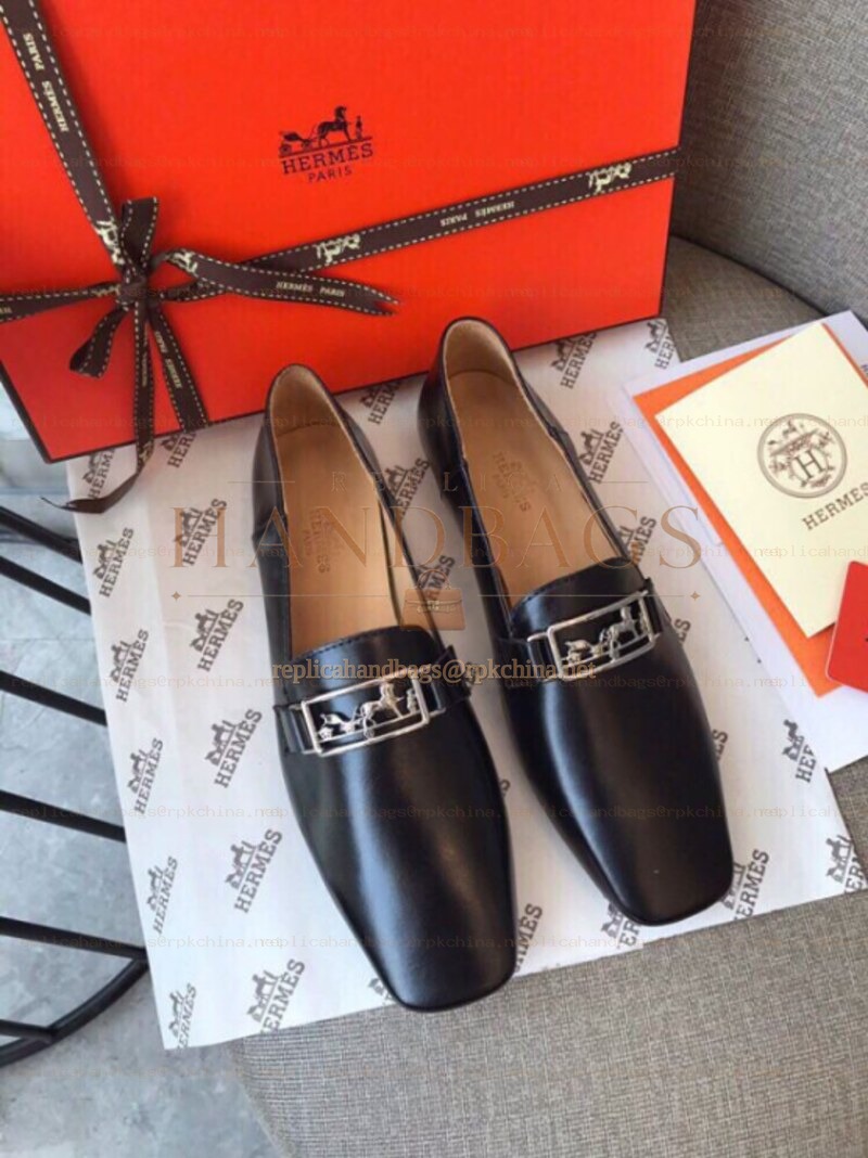 Replica Hermes Black Smooth Palladium H Buckle Loafer