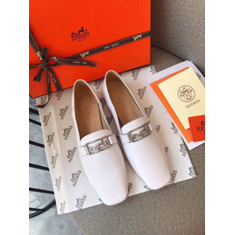 Replica Hermes White Square Toe Palladium H Buckle Loafer
