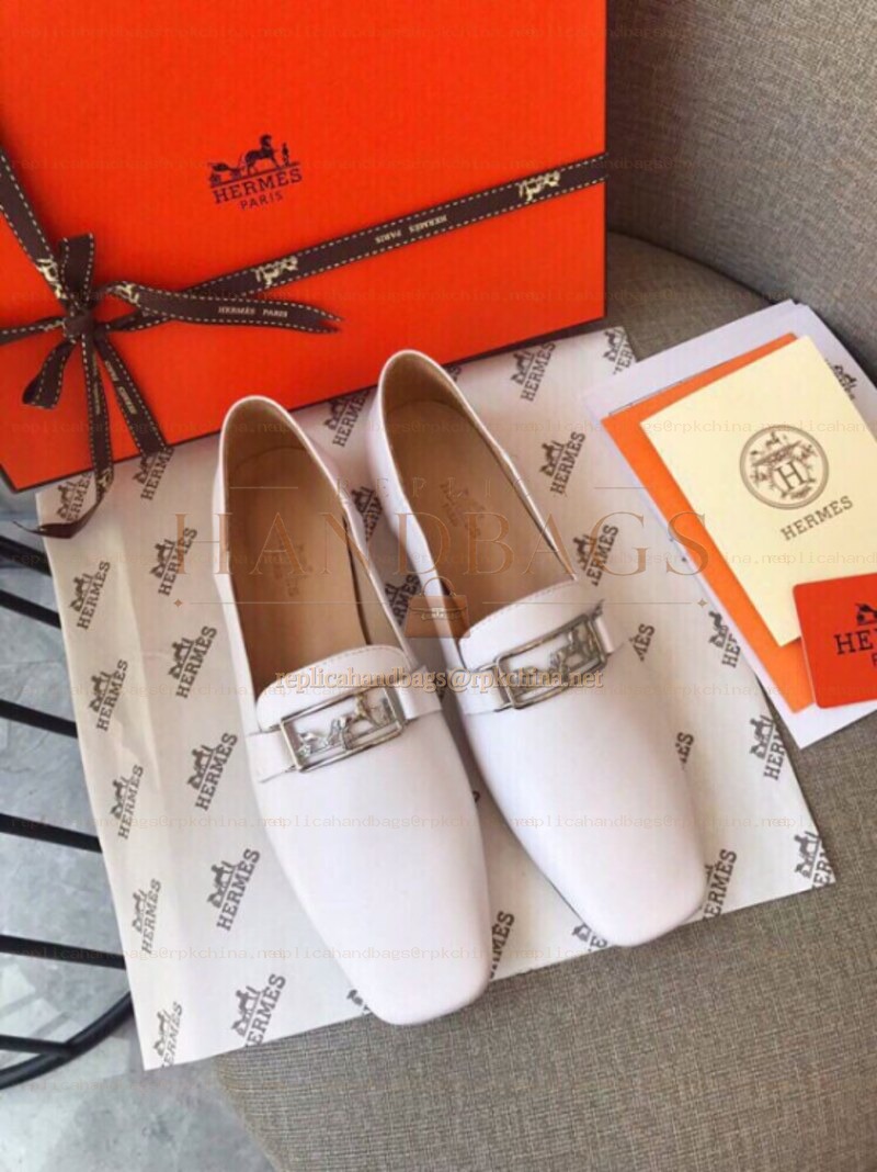 Replica Hermes White Square Toe Palladium H Buckle Loafer