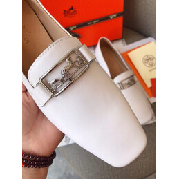Replica Hermes White Square Toe Palladium H Buckle Loafer