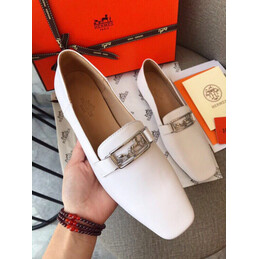 Replica Hermes White Square Toe Palladium H Buckle Loafer