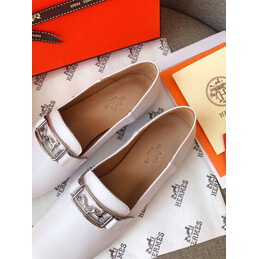 Replica Hermes White Square Toe Palladium H Buckle Loafer