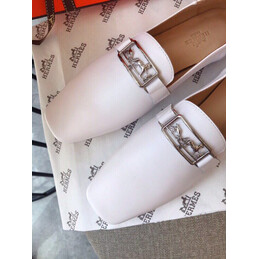 Replica Hermes White Square Toe Palladium H Buckle Loafer