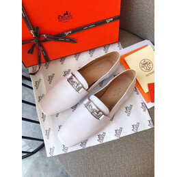 Replica Hermes White Square Toe Palladium H Buckle Loafer