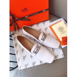 Replica Hermes White Square Toe Palladium H Buckle Loafer