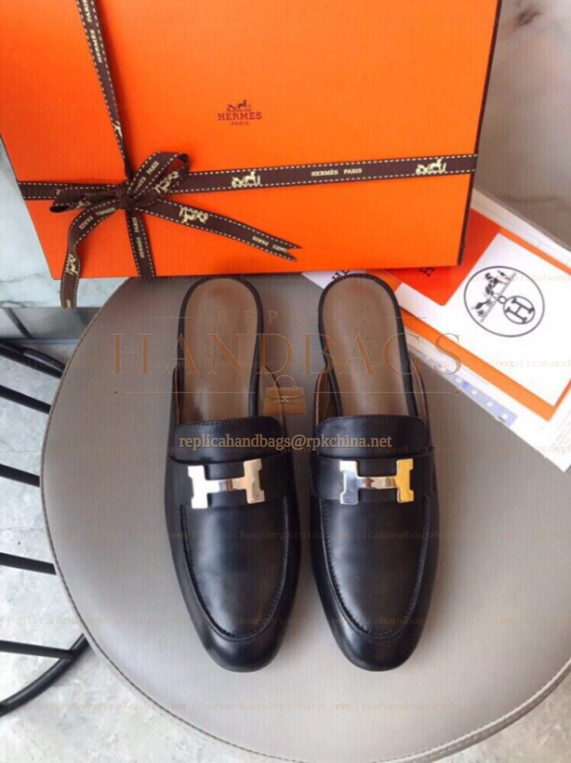 Replica Hermes Black Gold H Buckle Backless Mule