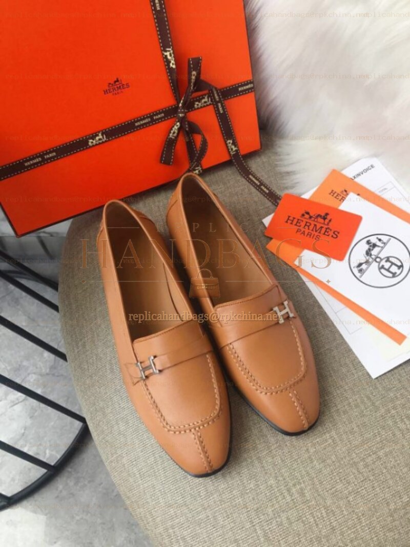 Replica Hermes Tan Palladium H Buckle Loafer - Style 2