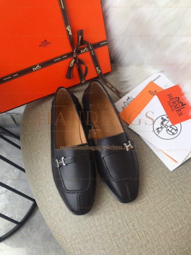 Replica Hermes Black Palladium H Buckle Loafer