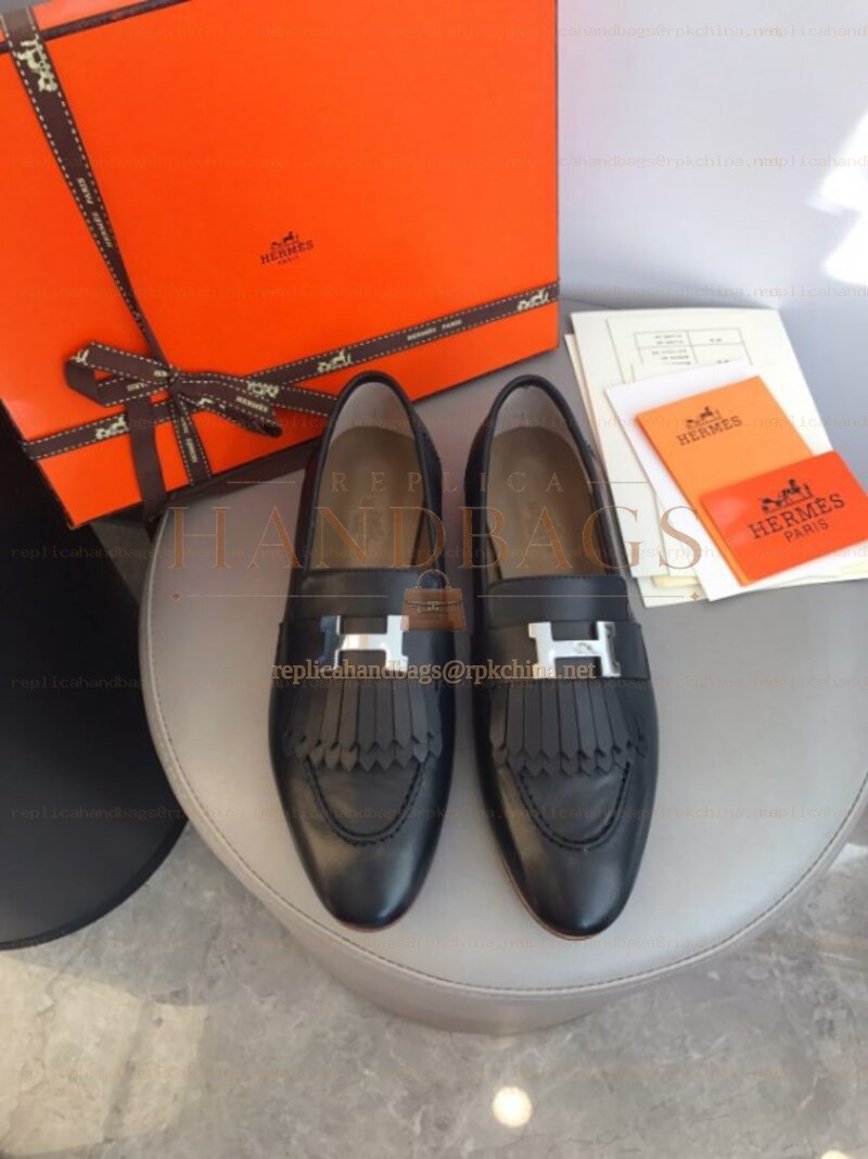 Replica Hermes Black Contrast H Buckle Loafer