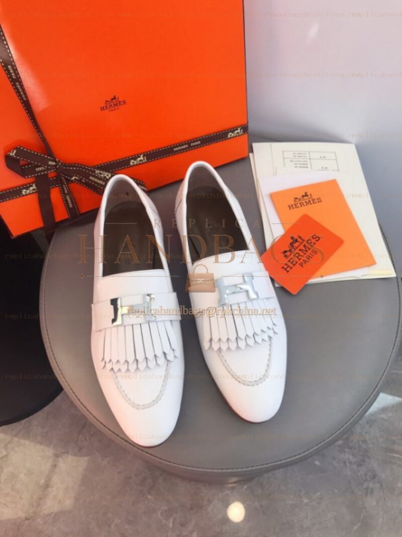 Replica Hermes White Fringe H Buckle Loafer