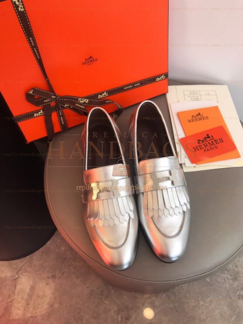 Replica Hermes Metallic Silver H Buckle Loafer