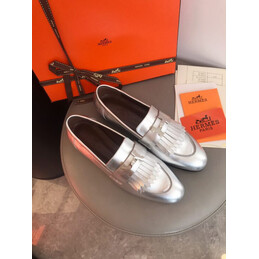 Replica Hermes Metallic Silver H Buckle Loafer