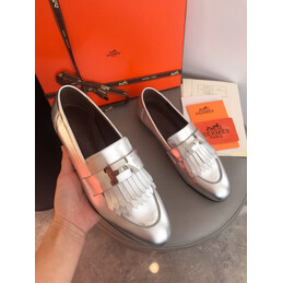 Replica Hermes Metallic Silver H Buckle Loafer