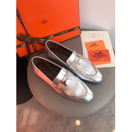 Replica Hermes Metallic Silver H Buckle Loafer