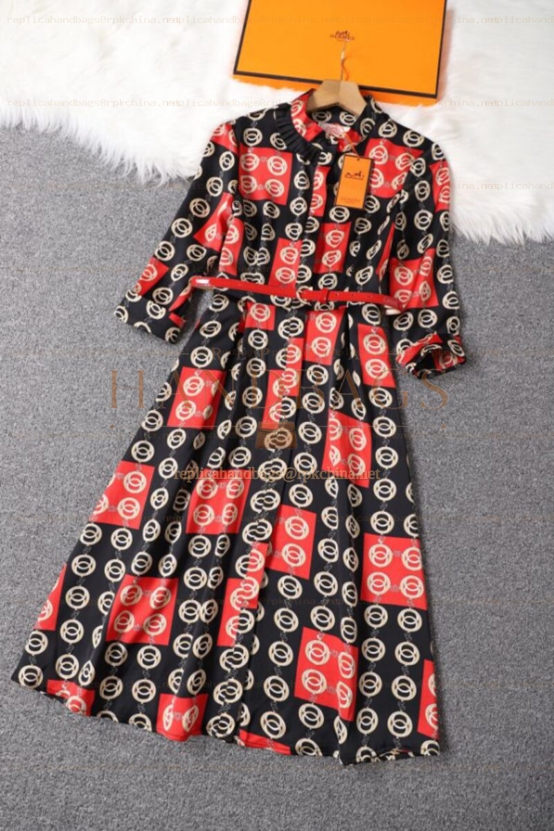 Replica Hermes Red Black Plaid Print Dress