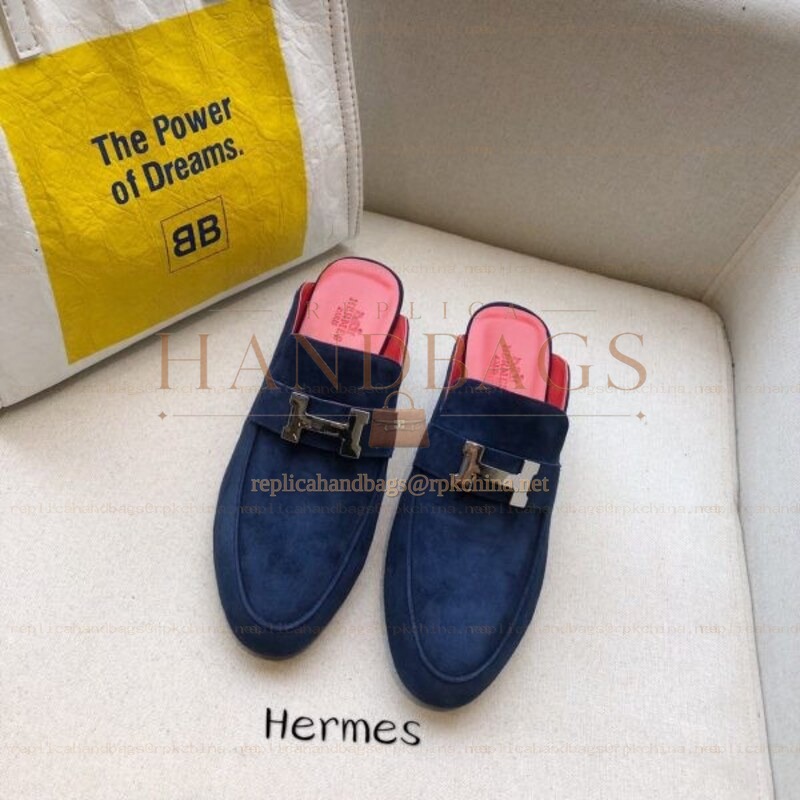 Replica Hermes Navy Pink H Buckle Mule