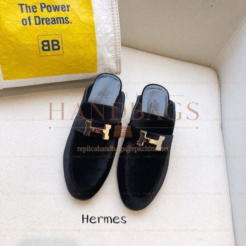 Replica Hermes Black Gray H Buckle Mule