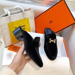 Replica Hermes Black Gray H Buckle Mule