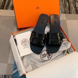 Replica Hermes Black Patent H Slide Sandal