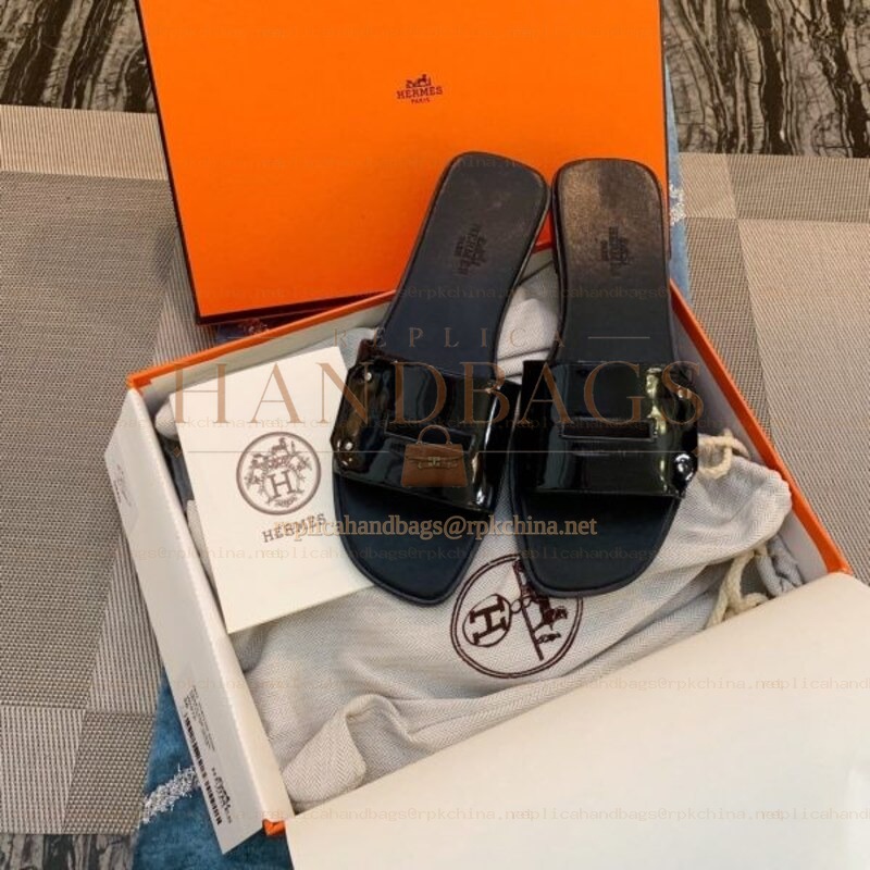 Replica Hermes Black Patent H Slide Sandal