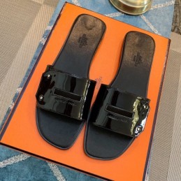 Replica Hermes Black Patent H Slide Sandal