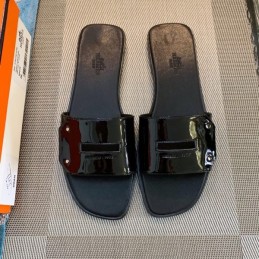Replica Hermes Black Patent H Slide Sandal