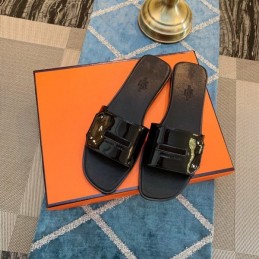 Replica Hermes Black Patent H Slide Sandal