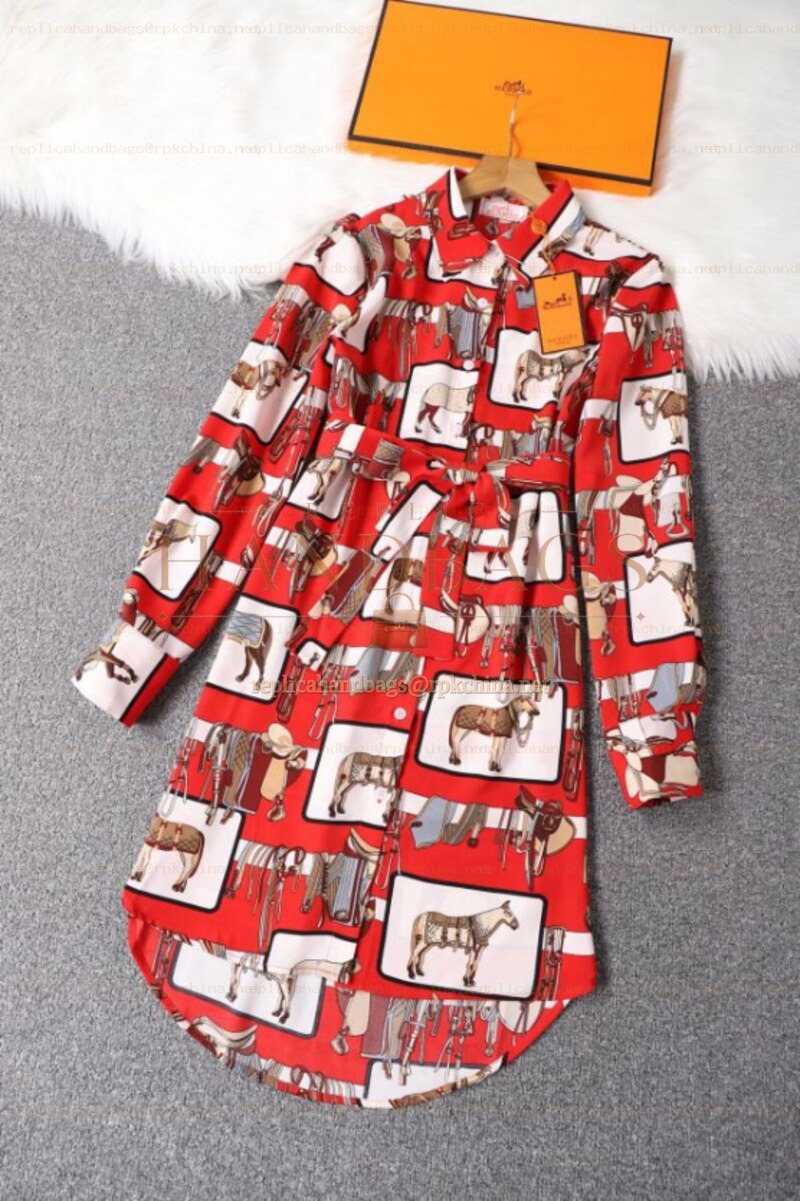 Replica Hermes Red Geometric Scarf Print Dress