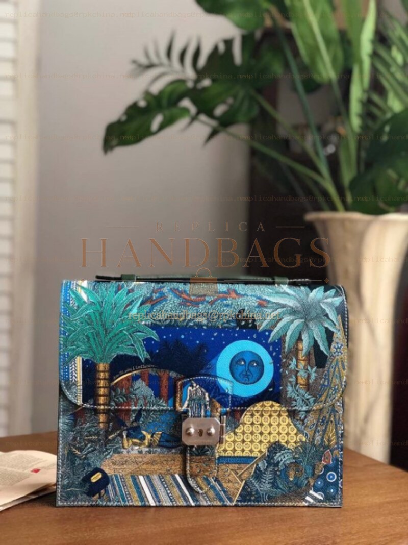 Replica Hermes Blue Multicolor Print Clutch Bag