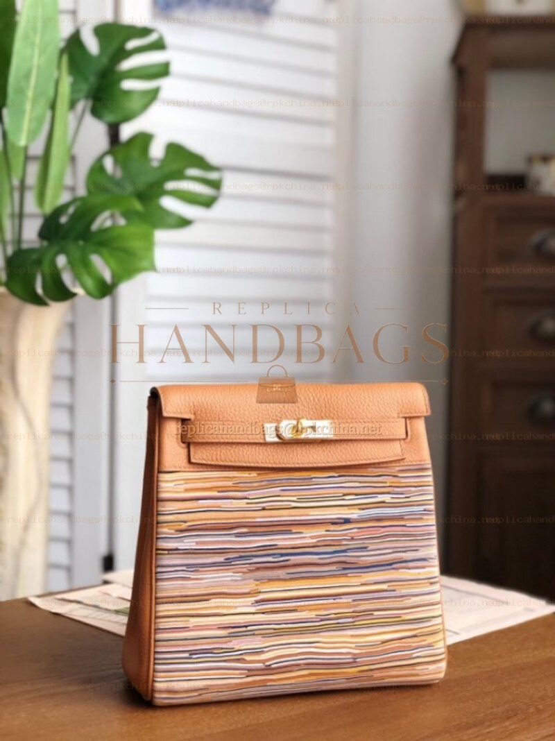 Replica Hermes Tan Multicolor Print Kelly Ado Bag