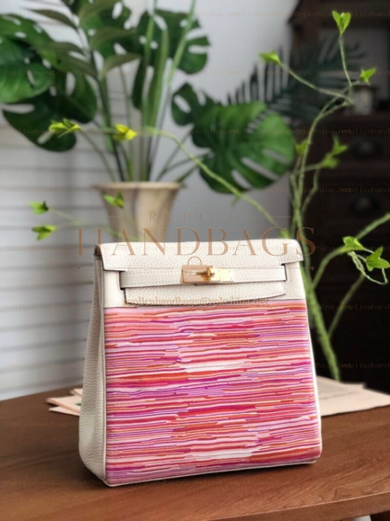 Replica Hermes White Pink Multicolor Print Kelly Ado Bag