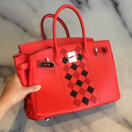 Replica Hermes Red Black Diamond Print Birkin 30 Bag