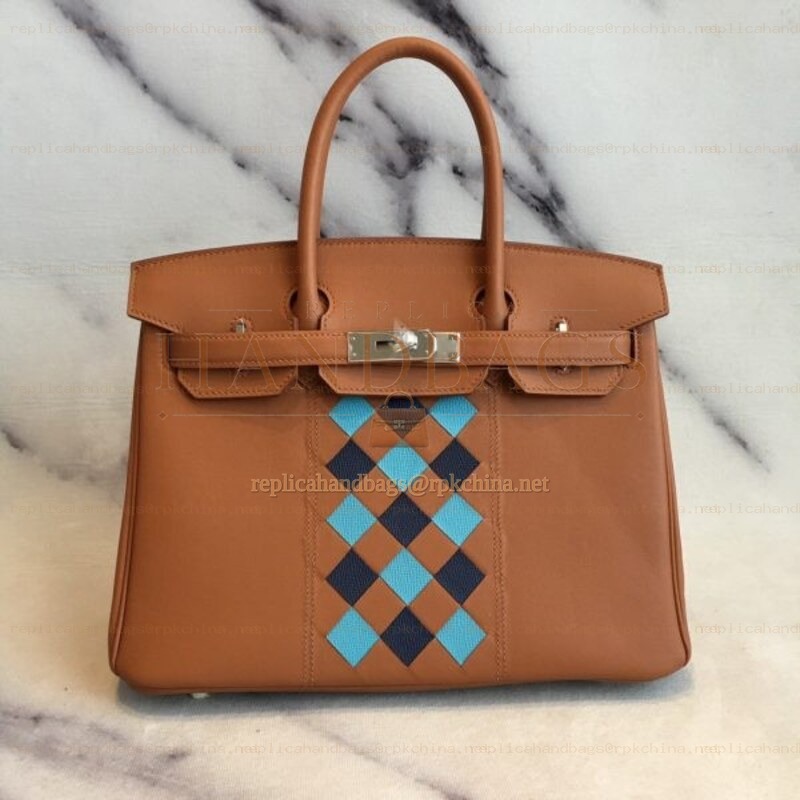 Replica Hermes Tan Blue Diamond Print Birkin 30 Bag