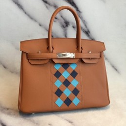 Replica Hermes Tan Blue Diamond Print Birkin 30 Bag