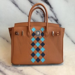 Replica Hermes Tan Blue Diamond Print Birkin 30 Bag