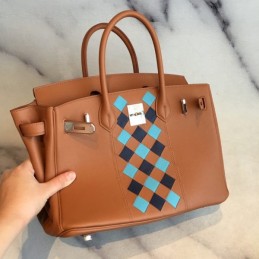 Replica Hermes Tan Blue Diamond Print Birkin 30 Bag