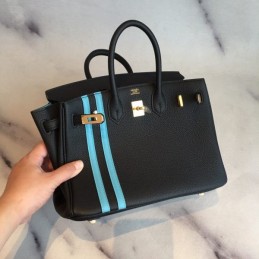 Replica Hermes Black Blue Stripe Birkin 30 Bag