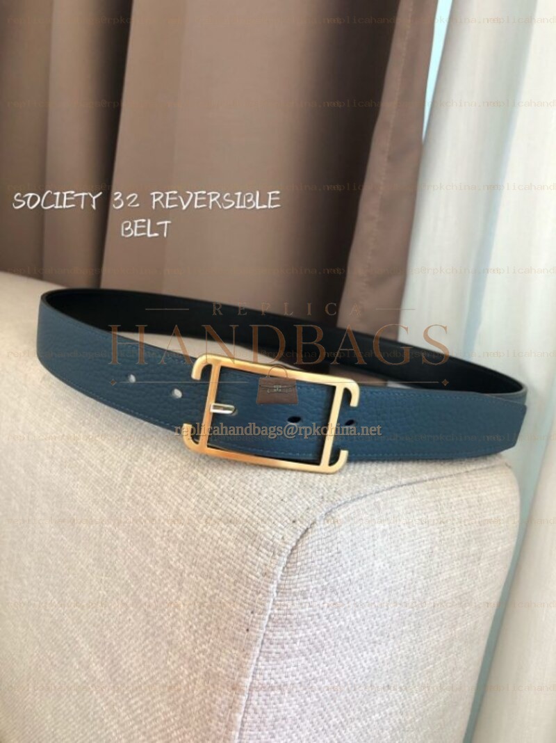 Hermes replica Blue and Black Reversible Society Buckle Leather Belt