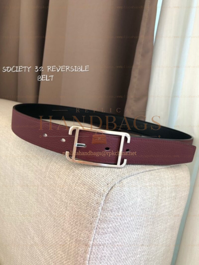 Hermes replica Burgundy and Black Reversible Society Buckle Leather Belt