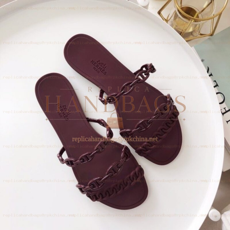 Replica Hermes Burgundy Chain Strap Flat Sandal