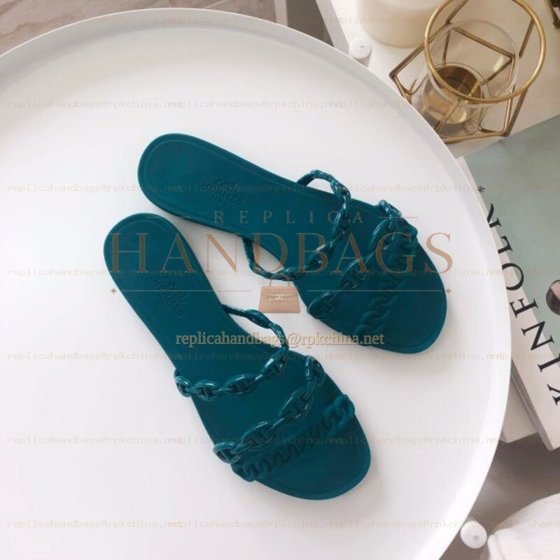 Replica Hermes Teal Chain Strap Flat Sandal